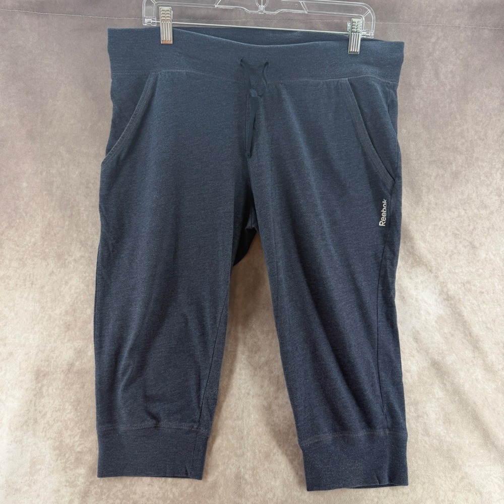 Reebok Womens Heather Navy Blue Cropped Jogger Sweatpants Capri Size L Workout